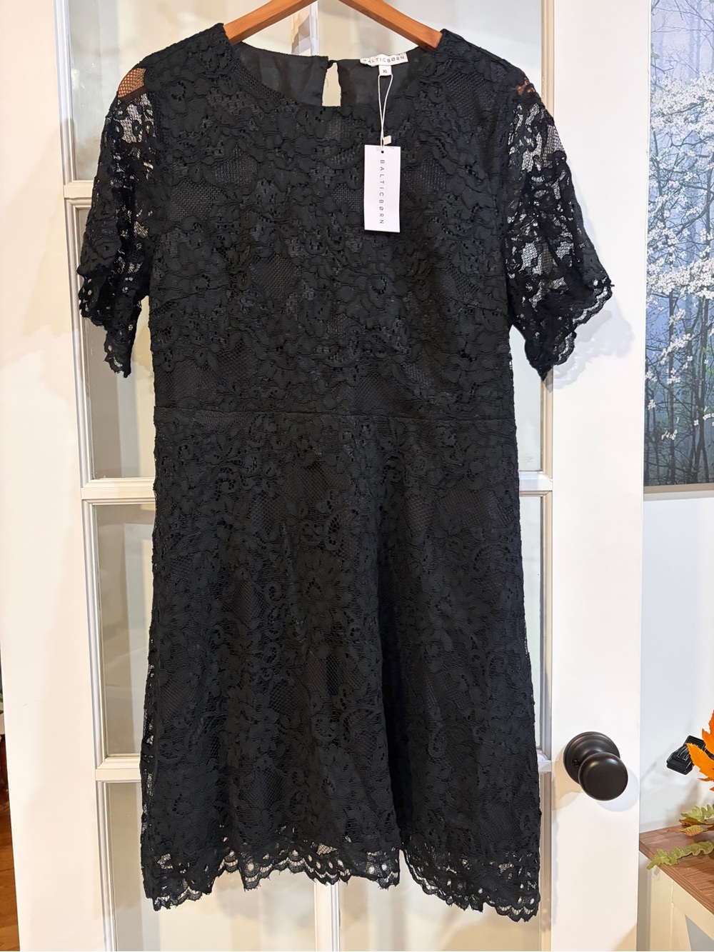 Baltic Born Black Floral Lace Dress Short Sleeve Scalloped Hem Romantic Boho XL
